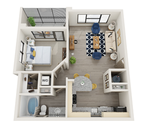 A top-down view of a small apartment with a bedroom, living room, and bathroom.